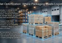 Palletization Drives Efficiency in Packaging Operations Presentation slide on pallet optimization in logistics, showing a warehouse with stacked pallets and a blue holographic outline illustrating optimized packaging.