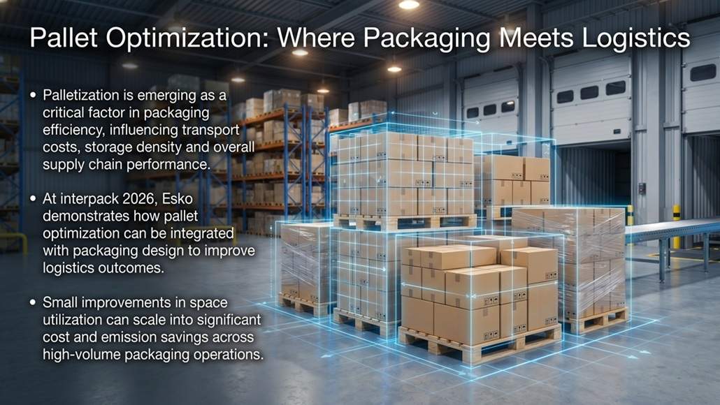 Presentation slide on pallet optimization in logistics, showing a warehouse with stacked pallets and a blue holographic outline illustrating optimized packaging.