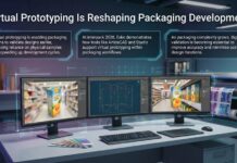 Virtual Prototyping is Gaining Ground in Packaging Design Three-monitor design workstation displaying packaging development workflow; left and right screens show product packaging while the center screen shows a CAD blueprint. The header reads 'Virtual Prototyping Is Reshaping Packaging Development.'