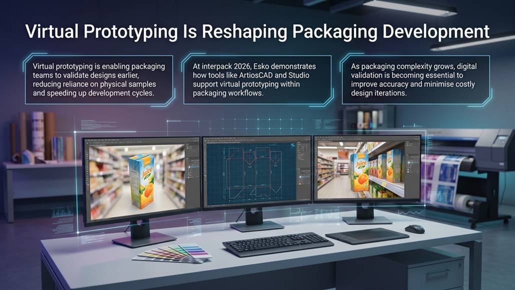 Three-monitor design workstation displaying packaging development workflow; left and right screens show product packaging while the center screen shows a CAD blueprint. The header reads 'Virtual Prototyping Is Reshaping Packaging Development.'