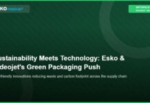 Esko Highlights Sustainable Packaging at Interpack 2026 Slide title: Sustainability Meets Technology — Esko and Videojet's Green Packaging Push on a green abstract background with logos.