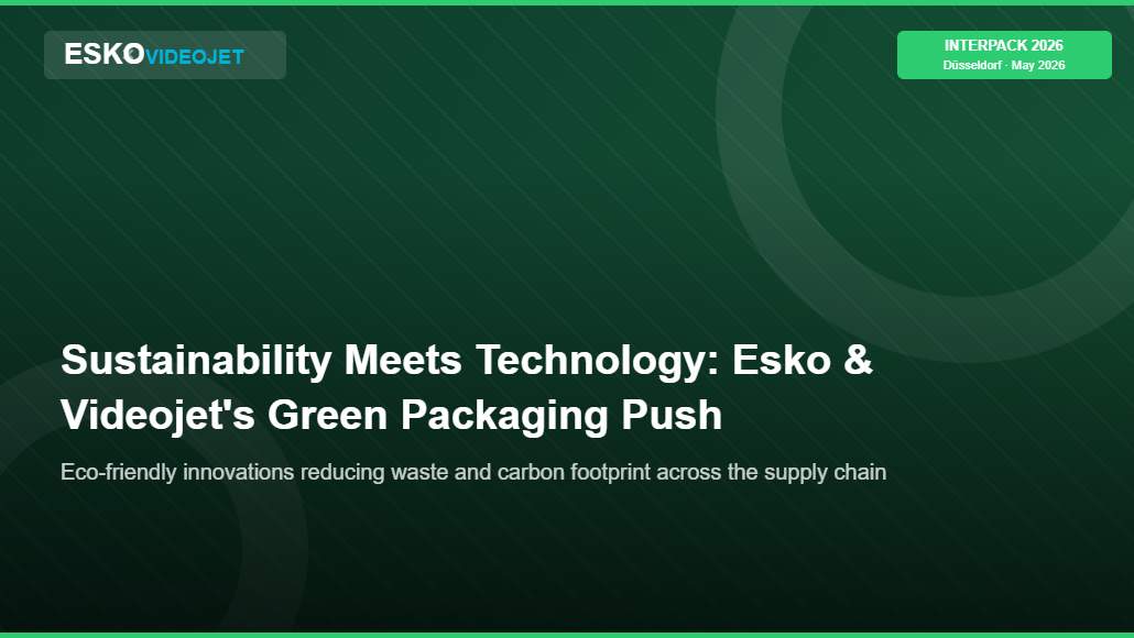 Slide title: Sustainability Meets Technology — Esko and Videojet's Green Packaging Push on a green abstract background with logos.