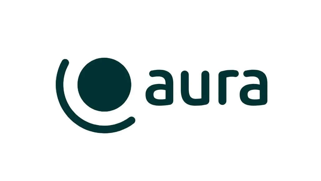 Aura logo: dark teal circle with a curved arc around it, followed by the word 'aura' in teal.