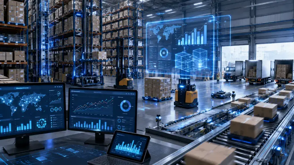 Automated warehouse with robotic forklifts and digital dashboards displaying charts and graphs above the floor.