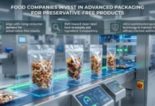 Food Companies Invest in Advanced Packaging for Preservative-Free Products Conveyor line with clear plastic bags of mixed nuts; three banners describe goals for preservative-free packaging: demand alignment, clean label, and freshness tech.