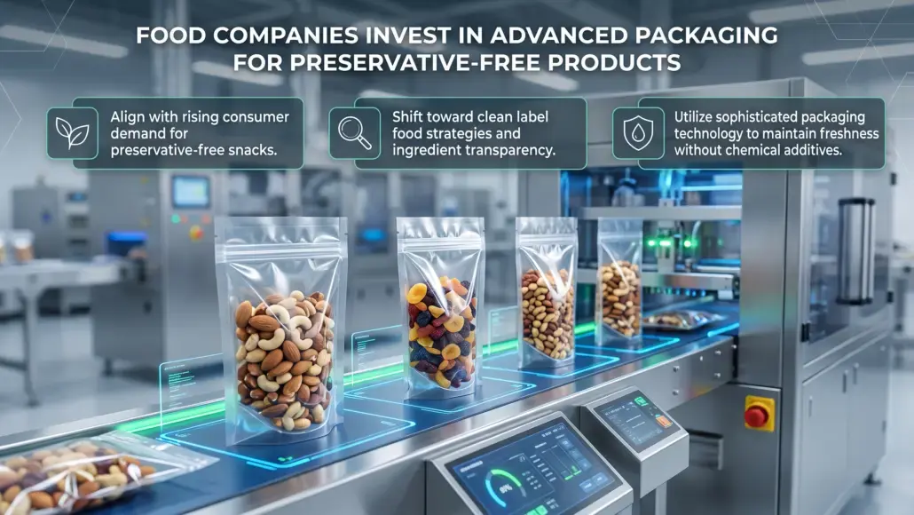 Conveyor line with clear plastic bags of mixed nuts; three banners describe goals for preservative-free packaging: demand alignment, clean label, and freshness tech.