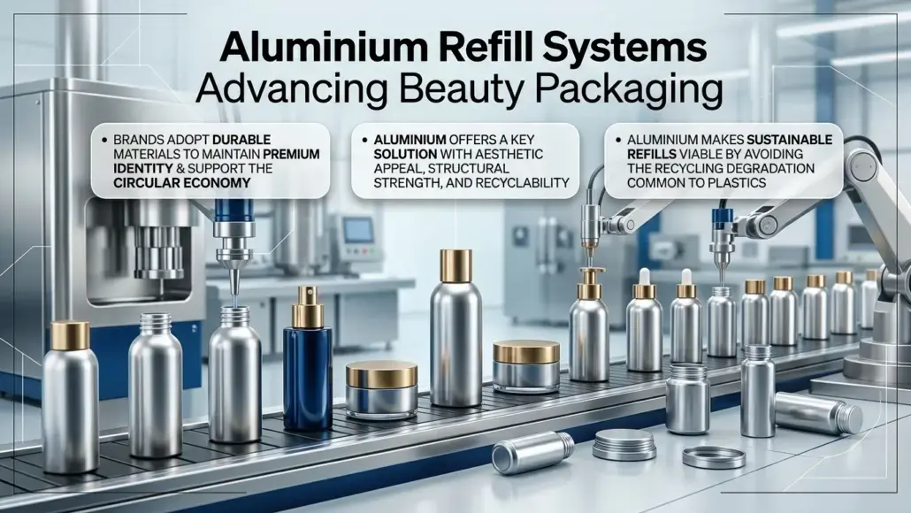 Banner-style image of an aluminum refill production line with bottles, labels reading ‘Aluminium Refill Systems’ and ‘Advancing Beauty Packaging’ at the top.