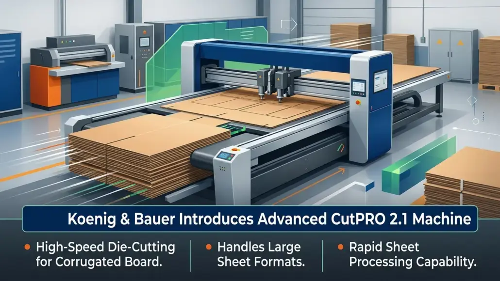 Factory floor with a large blue die-cutting machine cutting cardboard sheets; stacks of cardboard nearby. A banner reads: 'Koenig & Bauer Introduces Advanced CutPRO 2.1 Machine'.