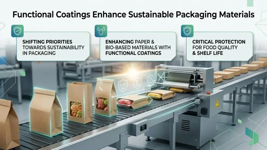 Packaging conveyor with paper bags and three floating callouts about sustainable, functional coatings for packaging sustainability and food quality protection, on a bright factory background.