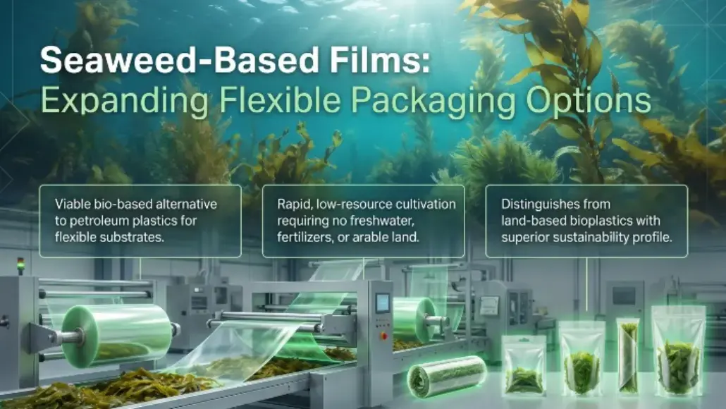 Seaweed-based film production line with an underwater kelp farm in the background; three callout panels describe eco-friendly benefits: bio-based alternative to petroleum plastics, low-resource cultivation, and superior sustainability.
