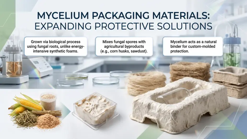 Infographic about mycelium packaging showing molded blocks and bio-based materials on a lab bench with three callout bubbles explaining growth, spores with byproducts, and natural binding.