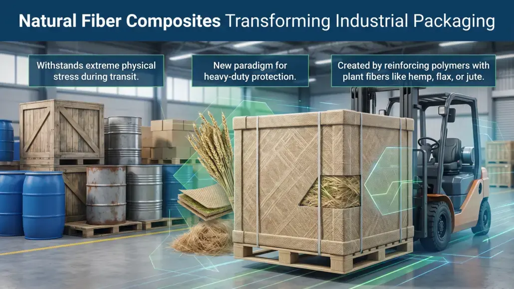 Warehouse forklift moving a pallet wrapped in natural fiber composite packaging; three callouts describe durability and plant-fiber materials.