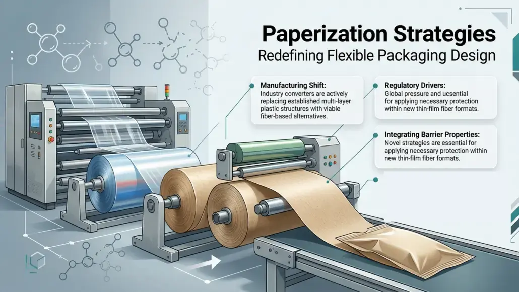Infographic of a paper production line with large rolls feeding a transparent film over machinery, title 'Paperization Strategies' and three callout bubbles summarizing the strategies.