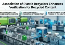 Association of Plastic Recyclers Enhances Verification for Recycled Content Illustration of a plastics recycling facility with automated conveyor belts and three banners aboutPCR content verification.