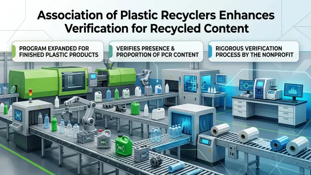 Illustration of a plastics recycling facility with automated conveyor belts and three banners aboutPCR content verification.