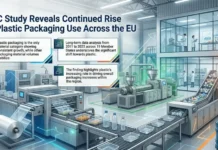 JRC Study Reveals Continued Rise in Plastic Packaging Use Across the EU Infographic of a plastic packaging factory with conveyor belts and machines; title notes rising plastic packaging use in the EU.