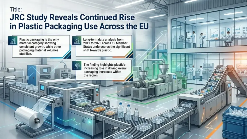 Infographic of a plastic packaging factory with conveyor belts and machines; title notes rising plastic packaging use in the EU.