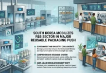 South Korea Mobilizes F&B Sector in Major Reusable Packaging Push Infographic showing a futuristic food packaging plant with automated machines, a cafe counter, and staff; headline reads 'South Korea mobilizes F&B sector in major reusable packaging push' with bullets about government collaboration and circular economy.