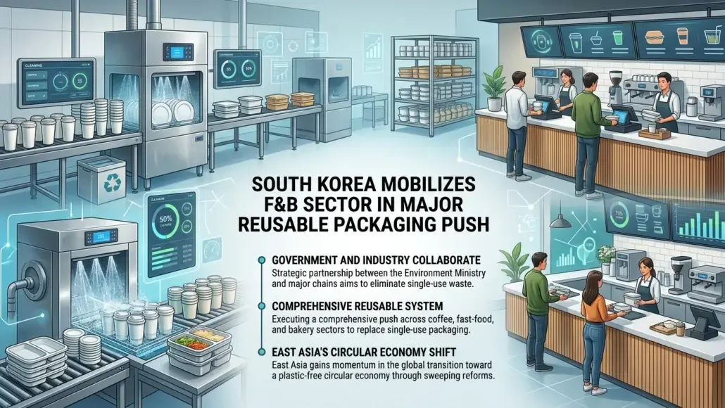 Infographic showing a futuristic food packaging plant with automated machines, a cafe counter, and staff; headline reads 'South Korea mobilizes F&B sector in major reusable packaging push' with bullets about government collaboration and circular economy.
