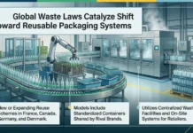 Global Waste Laws Catalyze Shift Toward Reusable Packaging Systems Infographic showing a bottle production line with a banner reading 'Global Waste Laws Catalyze Shift Toward Reusable Packaging Systems' and three callouts about reuse schemes, standardized containers shared by rival brands, and centralized washing facilities.