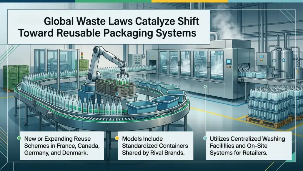 Infographic showing a bottle production line with a banner reading 'Global Waste Laws Catalyze Shift Toward Reusable Packaging Systems' and three callouts about reuse schemes, standardized containers shared by rival brands, and centralized washing facilities.