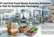 RMIT and End Food Waste Australia Establish New Hub for Sustainable Packaging Announcement graphic: RMIT and End Food Waste Australia establish new hub for sustainable packaging with robotic assembly line visuals and fresh produce.