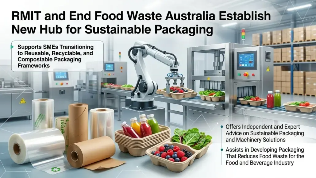 Announcement graphic: RMIT and End Food Waste Australia establish new hub for sustainable packaging with robotic assembly line visuals and fresh produce.