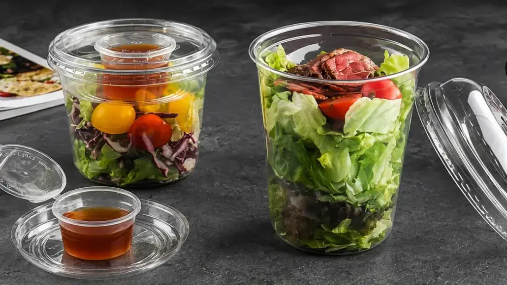 Clear cups with layered salad greens, cherry tomatoes, and peppers; dressing served in a separate small cup beside them (takeaway salads).