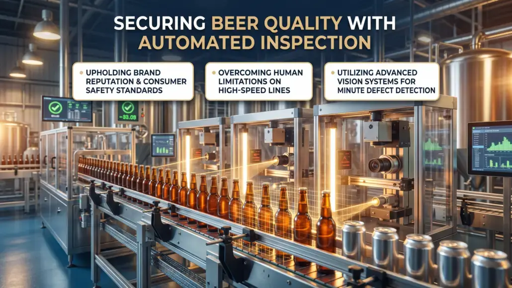 Beer bottling line with automated inspection; three signs describe goals: uphold brand reputation and safety standards; overcome human limitations on high-speed lines; use vision systems for minute defect detection.