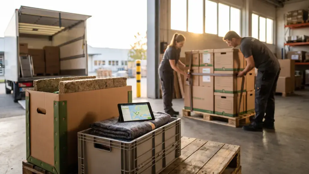 Warehouse workers package and prep boxes for shipping beside a loading dock and truck. A tablet sits on a crate, showing a map or order info.