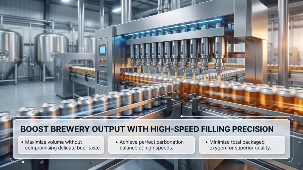 Industrial beer filling line with cans moving along a conveyor and high-speed filling heads; high-tech brewery equipment in the background.