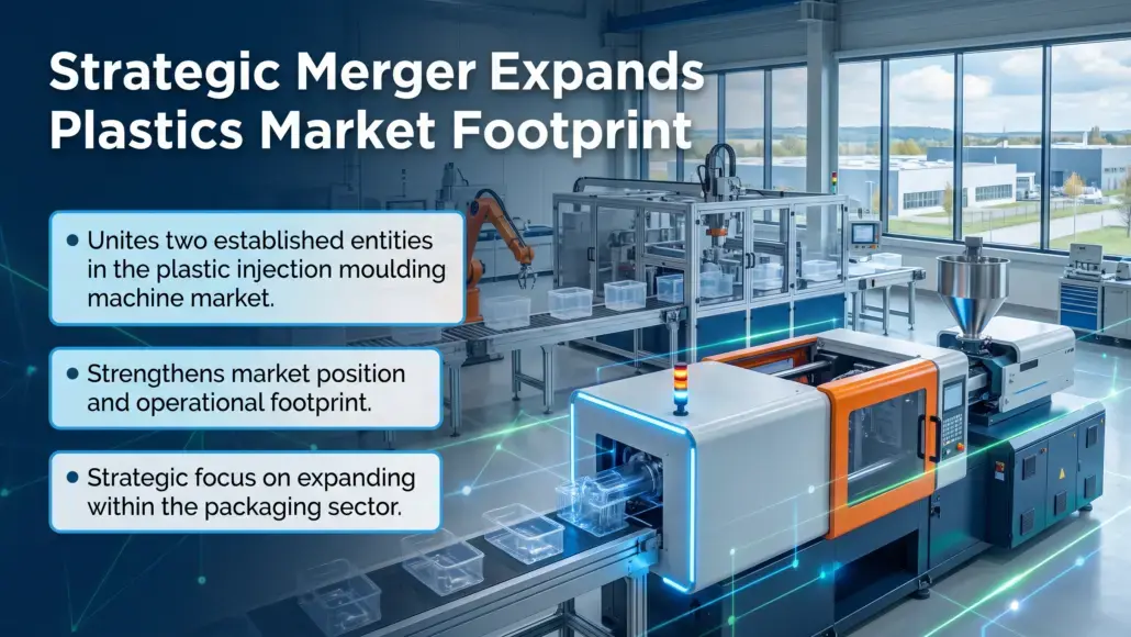 Infographic slide stating a strategic merger expands the plastics market footprint with three bullet benefits.