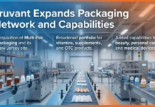 Truvant Expands Packaging Network with New Multi-Pak Deal Promotional slide of a packaging line in a factory; title reads 'Truvant Expands Packaging Network and Capabilities' with captions about acquiring Multi-Pak, vitamins/OTC, and beauty/medical devices. They convey Truvant's expansion and product scope.