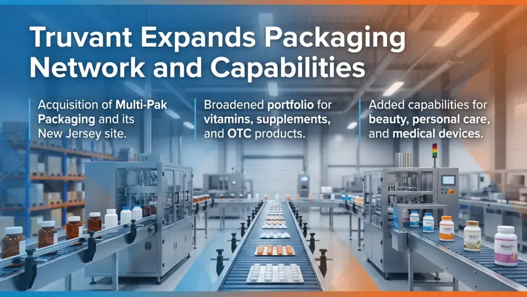 Promotional slide of a packaging line in a factory; title reads 'Truvant Expands Packaging Network and Capabilities' with captions about acquiring Multi-Pak, vitamins/OTC, and beauty/medical devices. They convey Truvant's expansion and product scope.
