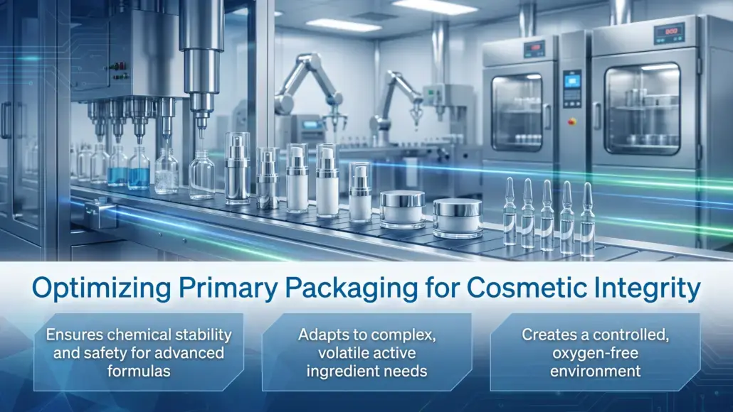 Cosmetics packaging production line with bottles and vials, featuring the title 'Optimizing Primary Packaging for Cosmetic Integrity' and three benefit boxes below.