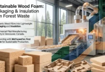 UBC’s Green Alternative to Plastic Packaging Factory producing sustainable wood-fiber foam packaging and insulation, with blocks in the foreground.
