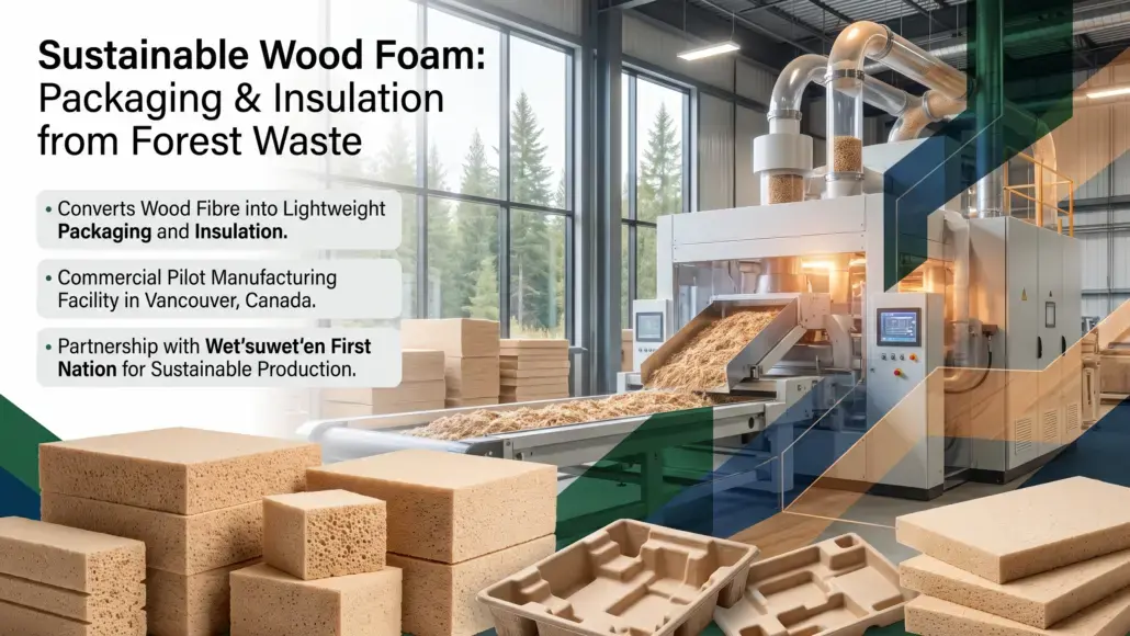 Factory producing sustainable wood-fiber foam packaging and insulation, with blocks in the foreground.