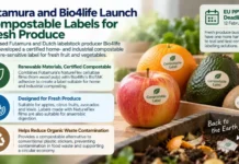 Futamura and Bio4life Launch Compostable Label for Fresh Produce Advertising banner for compostable labels for fresh produce, showing apples and avocados with 'Compostable Label' stickers and three benefit panels beside them, plus 'Back to the Earth' note on soil.
