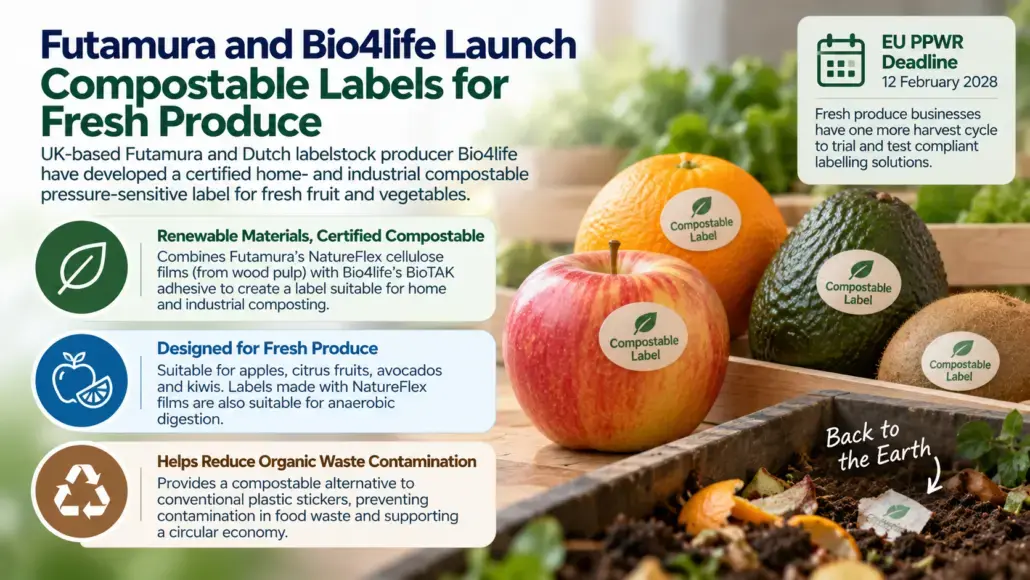 Advertising banner for compostable labels for fresh produce, showing apples and avocados with 'Compostable Label' stickers and three benefit panels beside them, plus 'Back to the Earth' note on soil.