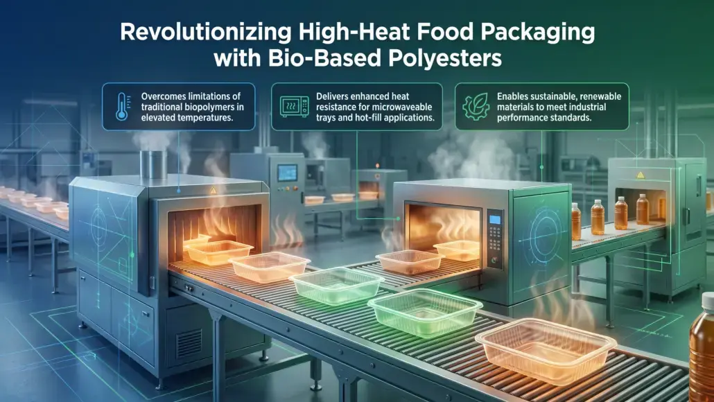 Industrial food-packaging factory conveyor with heated trays made from bio-based polyesters and feature callouts describing benefits: heat resistance, microwavable trays, and sustainable materials.