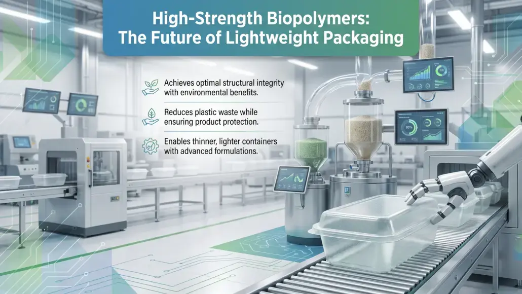 Laboratory with an automated packaging line; banner reads 'High-Strength Biopolymers: The Future of Lightweight Packaging' and points out environmental benefits, reduced plastic waste, and lighter containers.