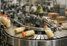 How Do Tabletop Conveyor Systems Reduce Downtime on Packaging Lines? Bottling line in a factory: beige juice bottles with orange caps on a curved conveyor, workers blurred in the background