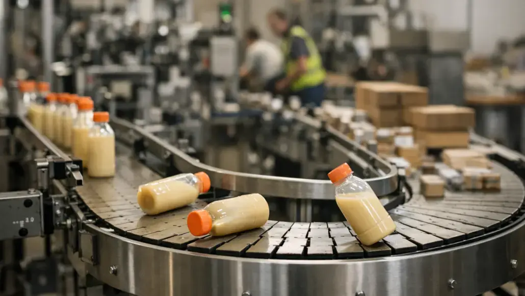 Bottling line in a factory: beige juice bottles with orange caps on a curved conveyor, workers blurred in the background