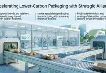 Amcor and Dow Form Strategic Alliance to Advance Lower-Carbon Packaging Industrial packaging facility with automated conveyors and robotic arms, illustrating a lower-carbon packaging workflow as part of a strategic alliance.