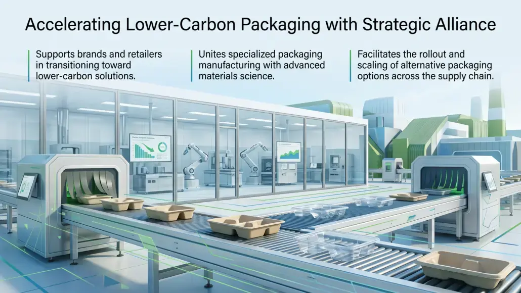 Industrial packaging facility with automated conveyors and robotic arms, illustrating a lower-carbon packaging workflow as part of a strategic alliance.