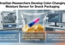Brazilian Researchers Develop Color-Changing Moisture Sensor for Snack Packaging Lab scene showing a bag of potato chips with a color-changing moisture sensor capsule inside; three feature panels describe sensing humidity and indicating snack quality, under the headline about Brazilian researchers developing the sensor.