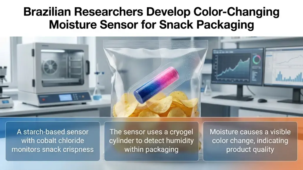 Lab scene showing a bag of potato chips with a color-changing moisture sensor capsule inside; three feature panels describe sensing humidity and indicating snack quality, under the headline about Brazilian researchers developing the sensor.