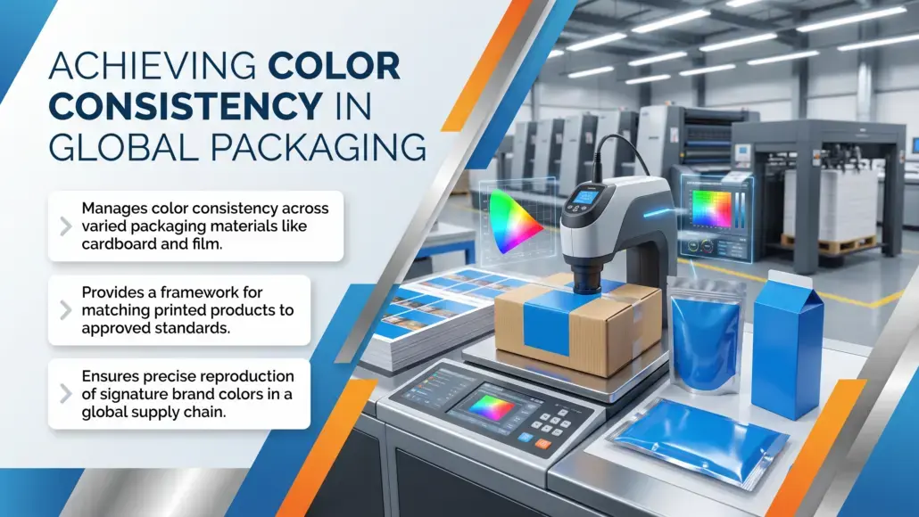 Industrial packaging line with a color-checking printer applying colors to boxes, while three bullet points on the left summarize color consistency in global packaging.