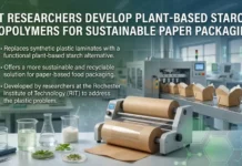 RIT Researcher Develops Plant-Based Starch Biopolymers as Sustainable Alternatives to Plastic Laminates in Paper Packaging Infographic showing researchers and a packaging line making plant-based starch biopolymers for sustainable paper packaging.