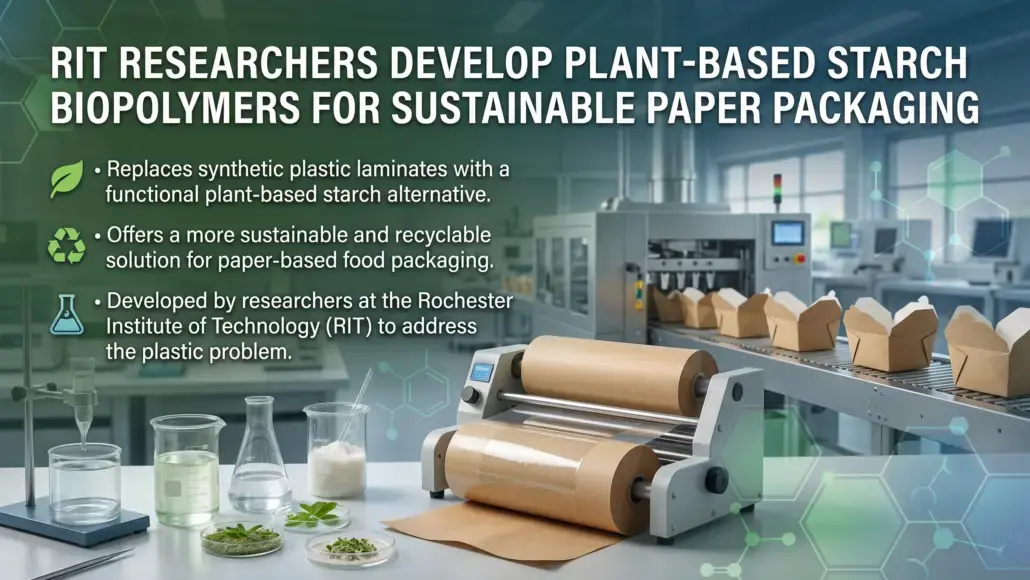 Infographic showing researchers and a packaging line making plant-based starch biopolymers for sustainable paper packaging.